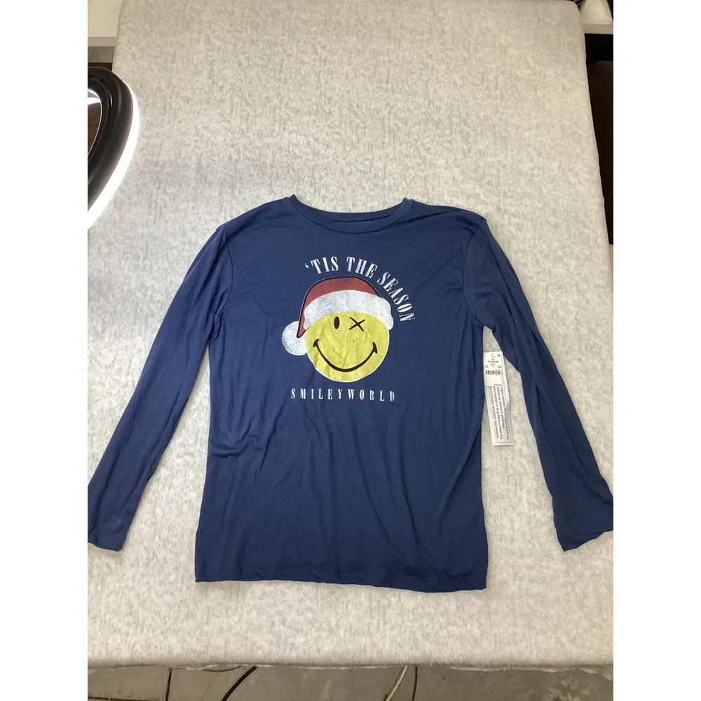 SmileyWorld‎ Kids Navy Blue Tis The Season Santa Hat Pajama Top XL 14 NWT